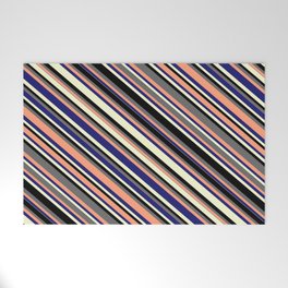 [ Thumbnail: Colorful Dim Grey, Light Salmon, Midnight Blue, Light Yellow & Black Colored Lines Pattern Welcome Mat ]