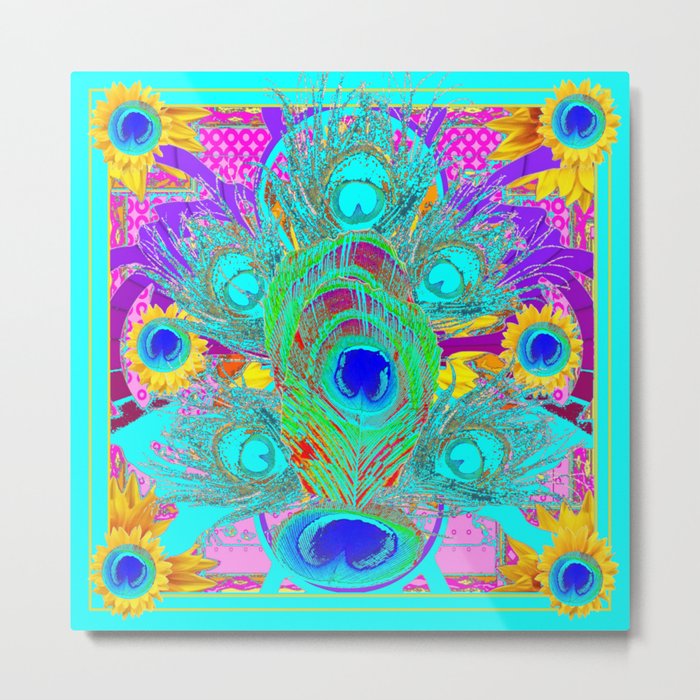Decorative Nouveau Aqua-Turquoise Peacock Abstract Art Metal Print
