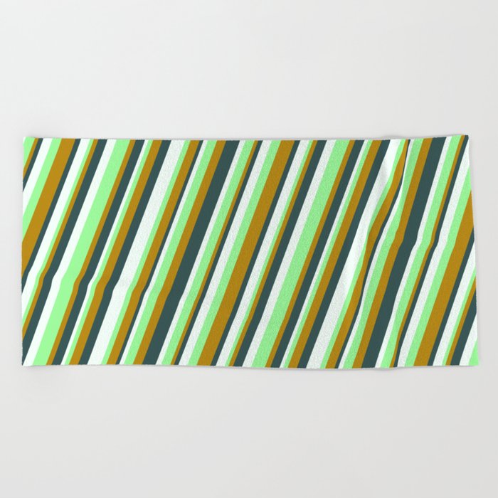 Green, Dark Goldenrod, Dark Slate Gray & Mint Cream Colored Lines/Stripes Pattern Beach Towel