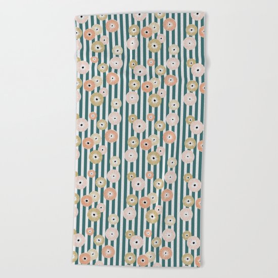 Delicate flowers on stripes Beach Towel