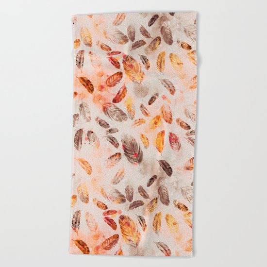 Autumn Feathers watercolor pattern Beach Towel
