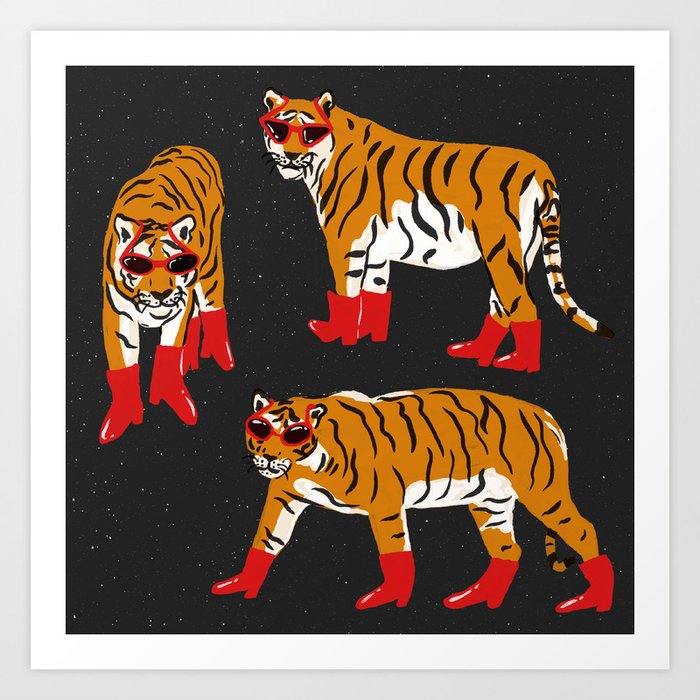 Cute Fashion Tigers in Red Boots and Retro Sunglasses (Dark Grey BG) Art Print