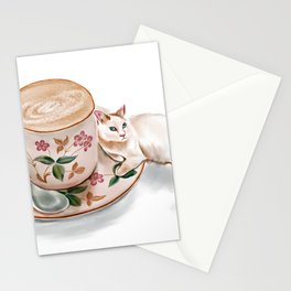 Watercolor Illustration of a cute cat lying next to a cup of latte Stationery Cards | Beautiful, Elegance, Grace, Lying, Pet, Coffee, Pretty, Cozy, Painting, Relax 