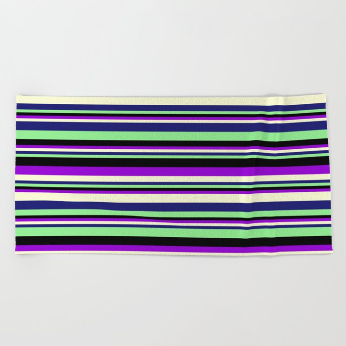 Dark Violet, Light Yellow, Midnight Blue, Light Green, and Black Colored Lined/Striped Pattern Beach Towel