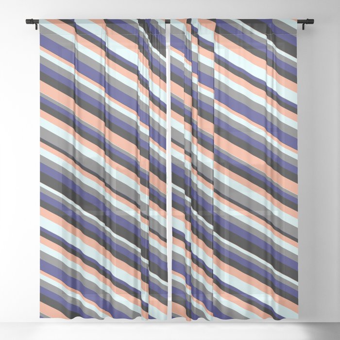 Vibrant Black, Light Salmon, Light Cyan, Dim Gray, and Midnight Blue Colored Lines Pattern Sheer Curtain