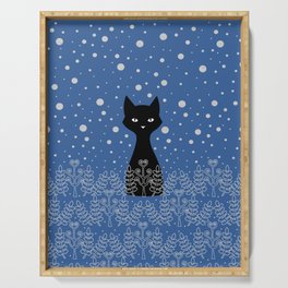 Black winter cat Serving Tray