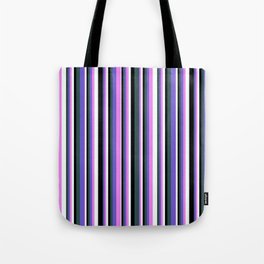 [ Thumbnail: Eyecatching Dark Slate Gray, Slate Blue, Violet, Mint Cream, and Black Colored Pattern of Stripes Tote Bag ]