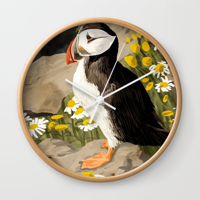 Puffin, Wildlife Birds Animals, Quirky Eclectic Tropical Nature Jungle, Forest Bohemian Painting Wall Clock
