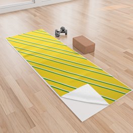 [ Thumbnail: Yellow, Beige & Green Colored Lined/Striped Pattern Yoga Towel ]