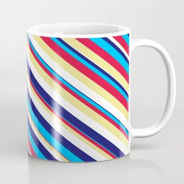 [ Thumbnail: Eyecatching Midnight Blue, Deep Sky Blue, Crimson, Tan, and White Colored Lined Pattern Coffee Mug ]