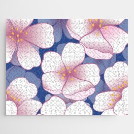 Falling White Sakura Cherry Blossom Pattern Classic Pink And Blue Jigsaw Puzzle