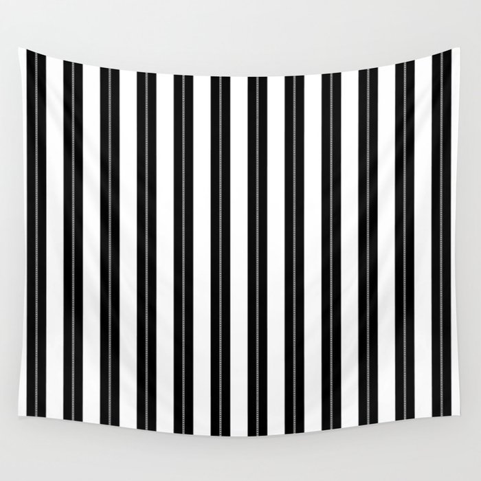White and Jet Black Cabana Beach Perforated Stripes Wall Tapestry