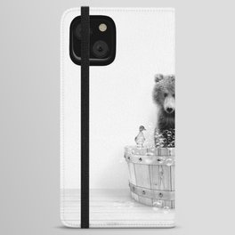 Bear in Wooden Bathtub, Bear and Duckling, Black and White, Bathtub Animal Art Print By Synplus iPhone Wallet Case