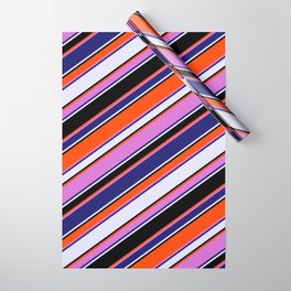 [ Thumbnail: Vibrant Red, Orchid, Midnight Blue, Lavender, and Black Colored Lines Pattern Wrapping Paper ]