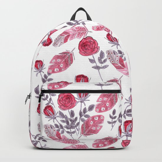 Watercolor . Floral pattern with bird feather .1 Backpack