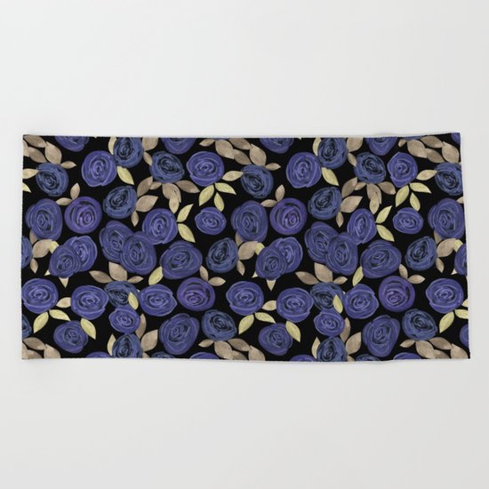 Blue watercolor roses on a black background . Beach Towel
