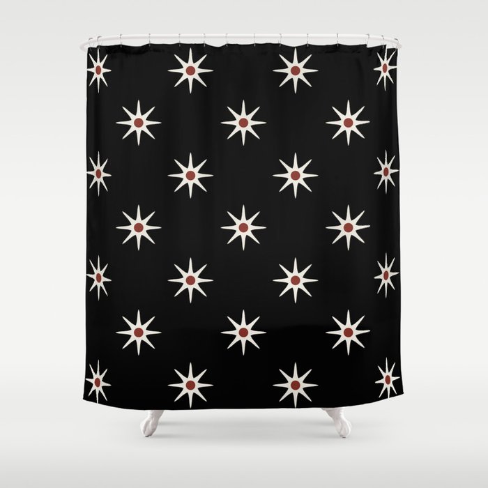 Atomic mid century retro star flower pattern in black background Shower Curtain