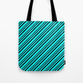 [ Thumbnail: Black and Cyan Colored Stripes Pattern Tote Bag ]