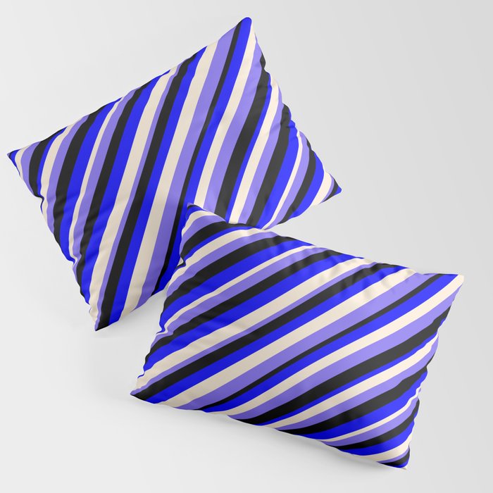 Blue, Beige, Medium Slate Blue & Black Colored Stripes Pattern Pillow Sham