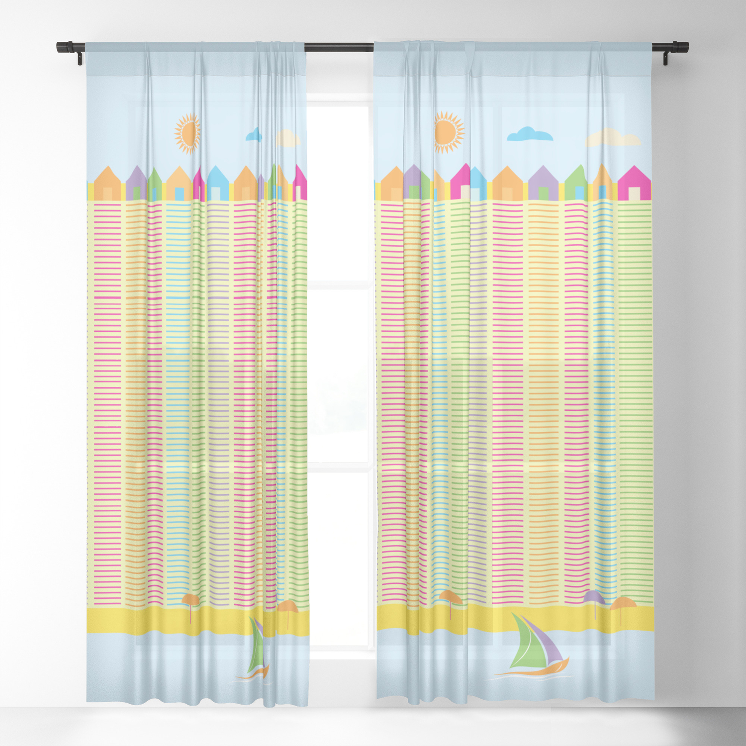 Beach Cabins Pattern Stripes Sheer Curtain By Annaki Society6