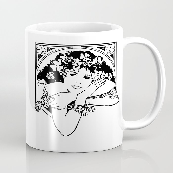 Line Drawing of Irish Woman Holding Shamrocks Coffee Mug