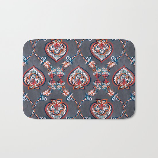 Floral Ogees in Red & Blue on Grey Bath Mat