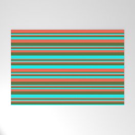 [ Thumbnail: Red, Dark Olive Green & Aqua Colored Lined Pattern Welcome Mat ]