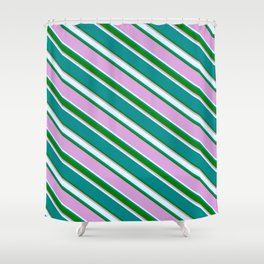 [ Thumbnail: Dark Cyan, Green, Plum & Light Cyan Colored Striped Pattern Shower Curtain ]
