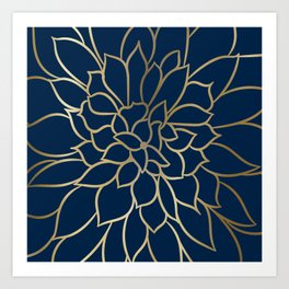 Floral Prints, Line Art, Navy Blue and Gold Art Print