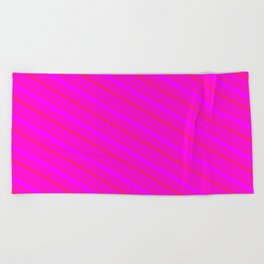 [ Thumbnail: Fuchsia and Deep Pink Colored Striped Pattern Beach Towel ]