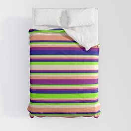 [ Thumbnail: Vibrant Chartreuse, Beige, Light Salmon, Purple & Dark Blue Colored Lines/Stripes Pattern Comforter ]