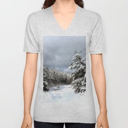 Snowy Winter Pine Forest Landscape V Neck T Shirt