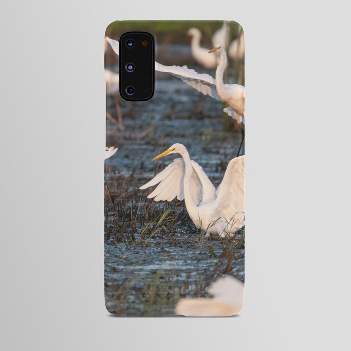 White Egret landing in a marsh filled with other egrets Android Case