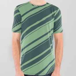 [ Thumbnail: Dark Sea Green and Dark Slate Gray Colored Lines Pattern All Over Graphic Tee ]