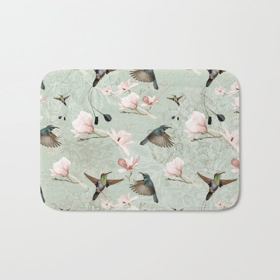 Vintage Watercolor hummingbird and Magnolia Flowers on mint Background Bath Mat