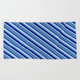 [ Thumbnail: Light Blue, Blue & Dark Blue Colored Lined/Striped Pattern Beach Towel ]