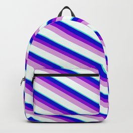 [ Thumbnail: Blue, Dark Violet, Plum, Mint Cream & Turquoise Colored Stripes/Lines Pattern Backpack ]