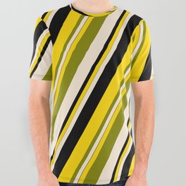 [ Thumbnail: Yellow, Green, Beige, and Black Colored Lines/Stripes Pattern All Over Graphic Tee ]