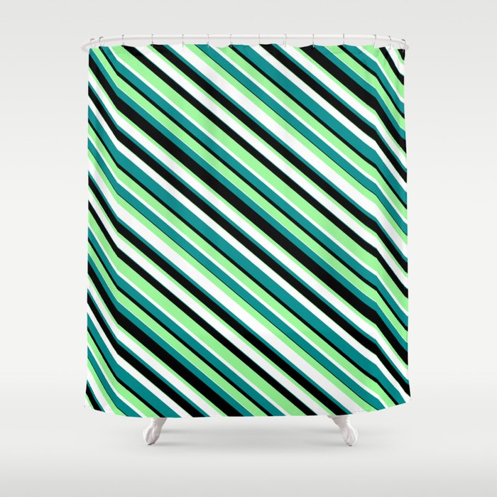 Green, White, Dark Cyan & Black Colored Striped/Lined Pattern Shower Curtain