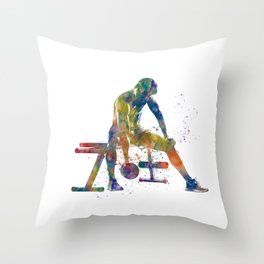 Young woman practices gymnastics in watercolor Throw Pillow