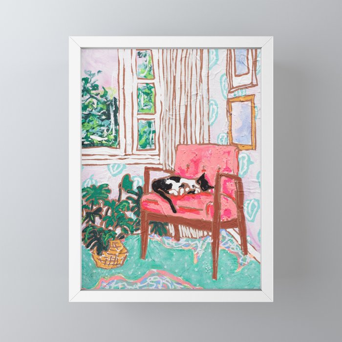 Little Naps Tuxedo Cat Napping In A Pink Mid Century Chair By The Window Framed Mini Art Print By Larameintjes Society6