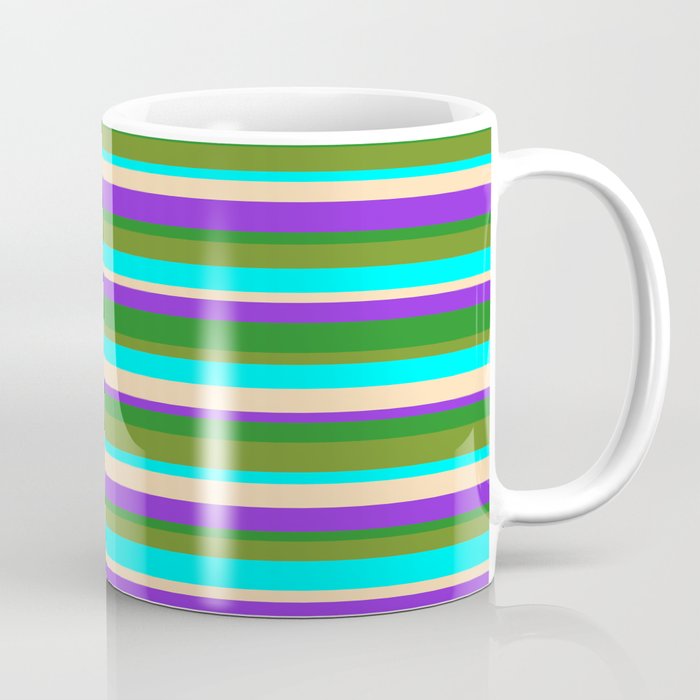 Vibrant Tan, Purple, Forest Green, Green & Aqua Colored Striped/Lined Pattern Coffee Mug
