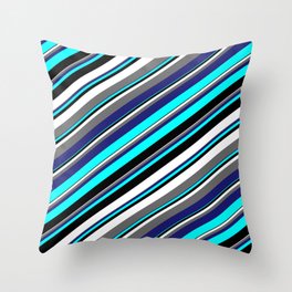 [ Thumbnail: Aqua, Black, White, Dim Gray & Midnight Blue Colored Stripes/Lines Pattern Throw Pillow ]