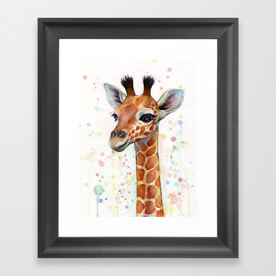 Giraffe Baby Animal Watercolor Whimsical Nursery Animals Framed Art Print