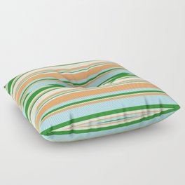 [ Thumbnail: Forest Green, Beige, Brown & Powder Blue Colored Striped Pattern Floor Pillow ]