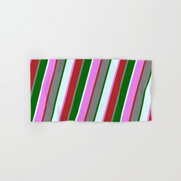 [ Thumbnail: Colorful Violet, Red, Grey, Dark Green & Light Cyan Colored Lined/Striped Pattern Hand & Bath Towel ]