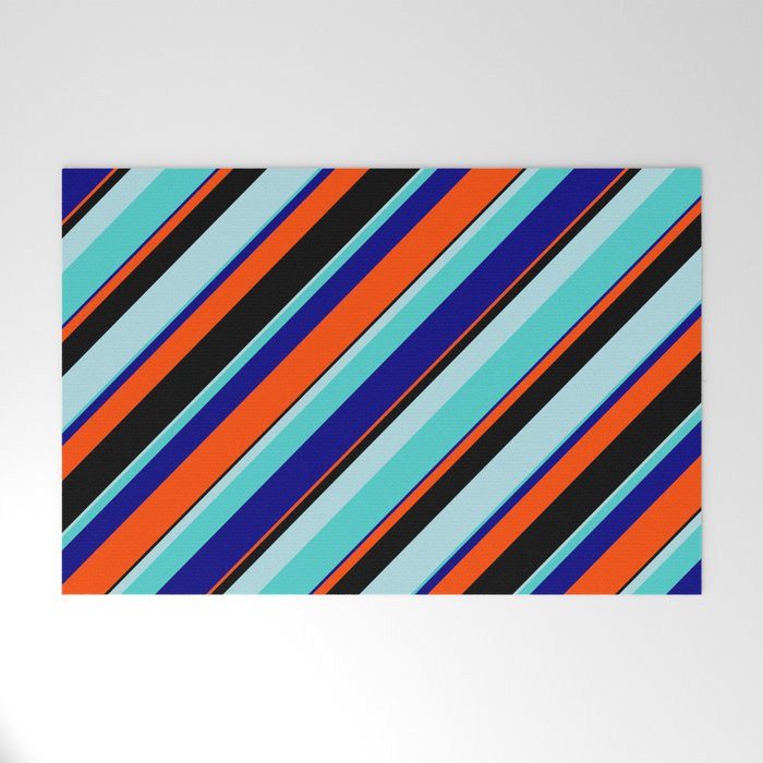 Eye-catching Powder Blue, Turquoise, Blue, Red, and Black Colored Lined/Striped Pattern Welcome Mat