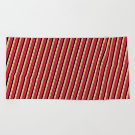 [ Thumbnail: Dark Khaki, Crimson, and Black Colored Striped/Lined Pattern Beach Towel ]
