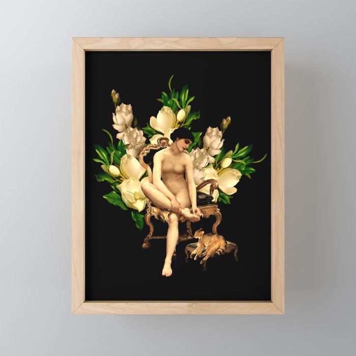 Vintage & Shabby Chic - Antique Night Girl On Chair With Cat And Magnolia Flowers Framed Mini Art Print