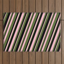 [ Thumbnail: Pink, Dark Olive Green & Black Colored Stripes Pattern Outdoor Rug ]